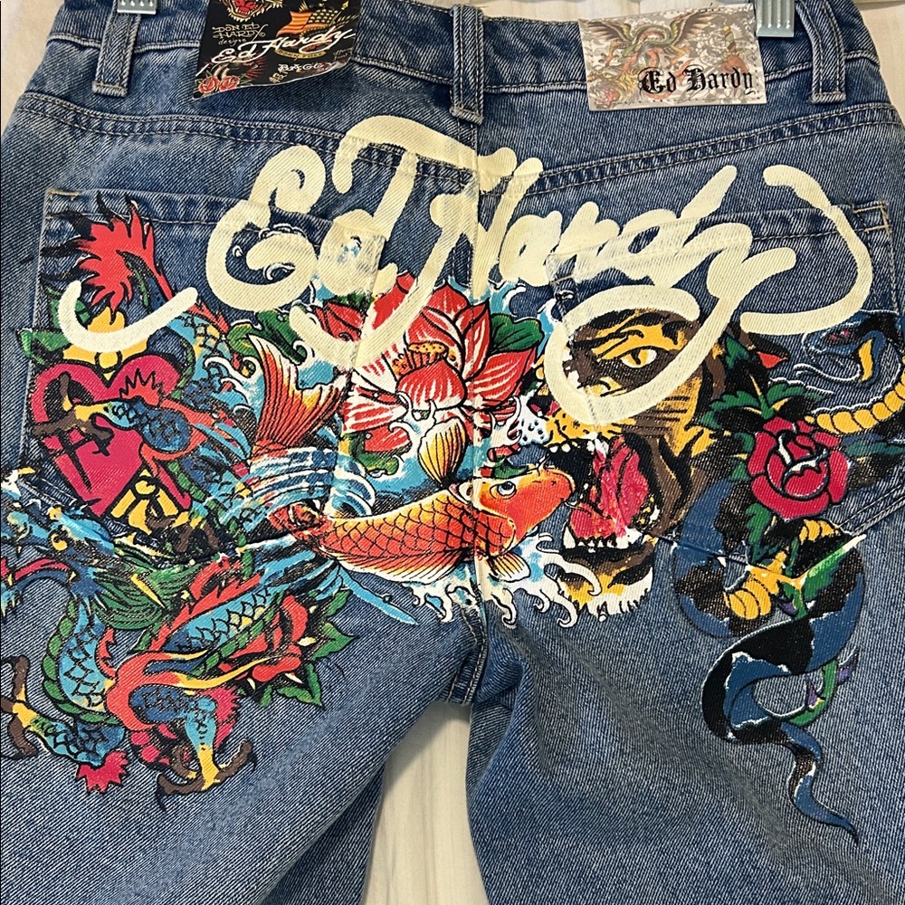 NWT Ed Hardy Y2K Multi-Tattoo Relaxed Baggy Jeans Streetwear Size 26